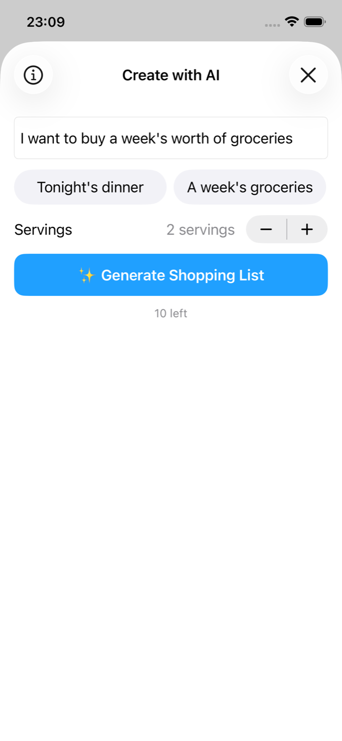 Create with AI screen generating a shopping list from a dinner request