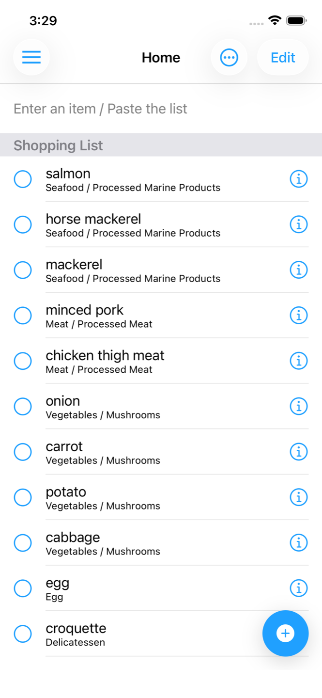 Shopping List home screen with items automatically sorted by category