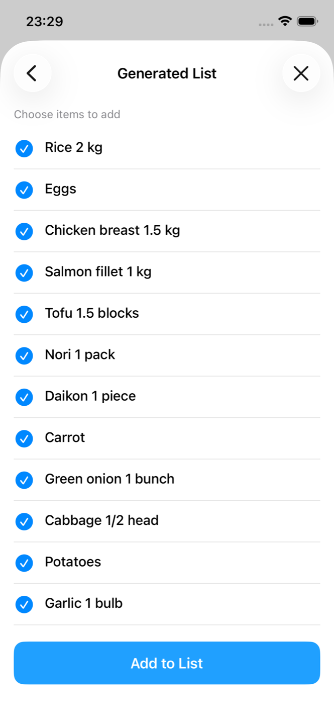 Generated list screen with serving-sized amounts, ready to add to your list