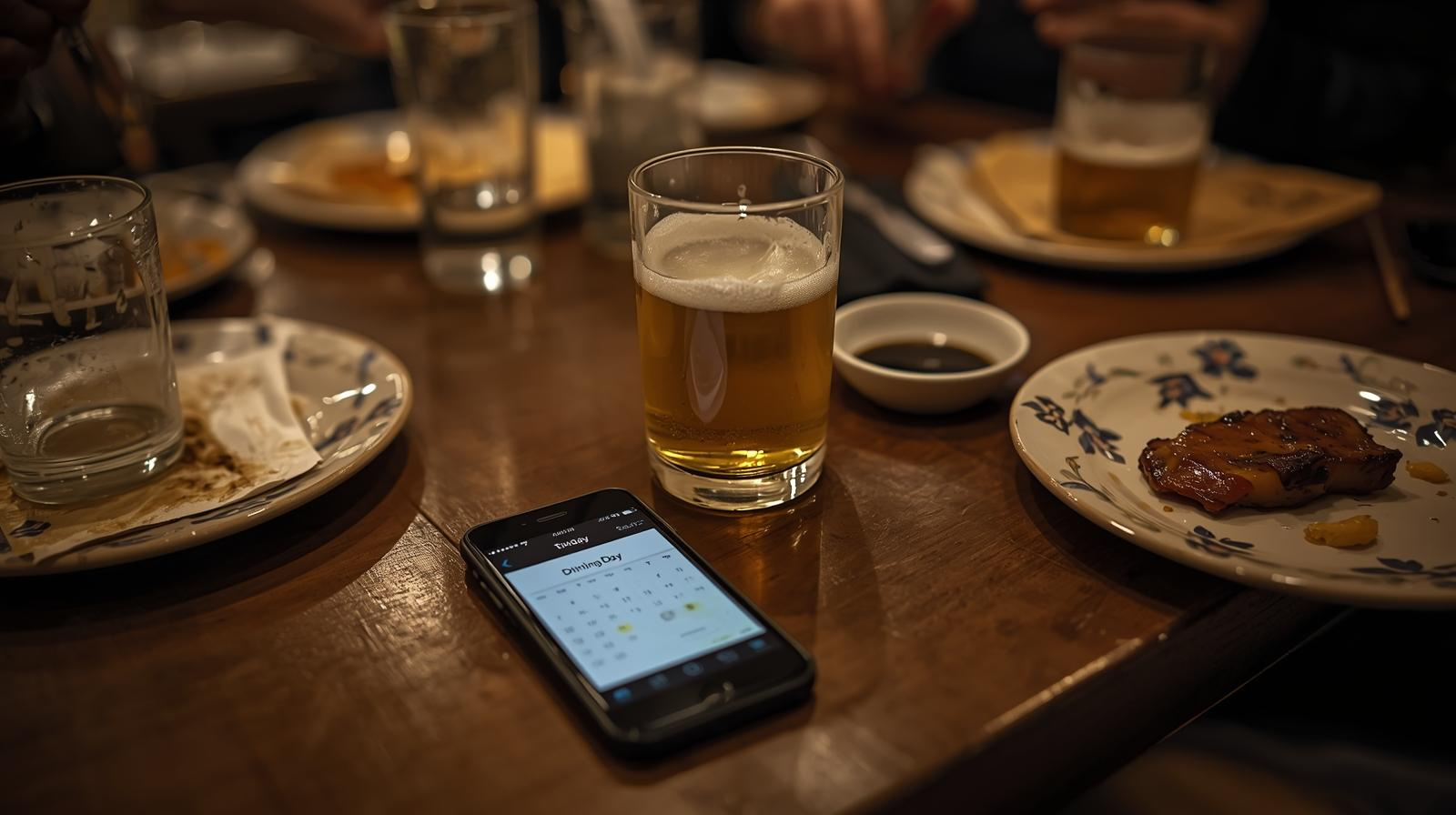 Beer and food at a bar, using NomiReco app on smartphone